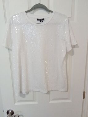 DKNY White Short Sleeve Sequin Tee Size L